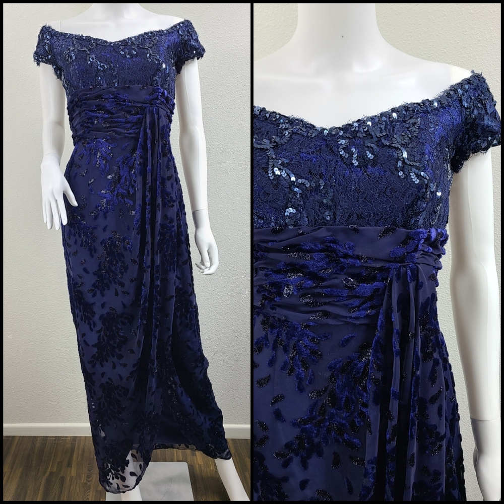 Vintage 1980's gorgeous dark blue evening burnout sequin gown by Victor Costa